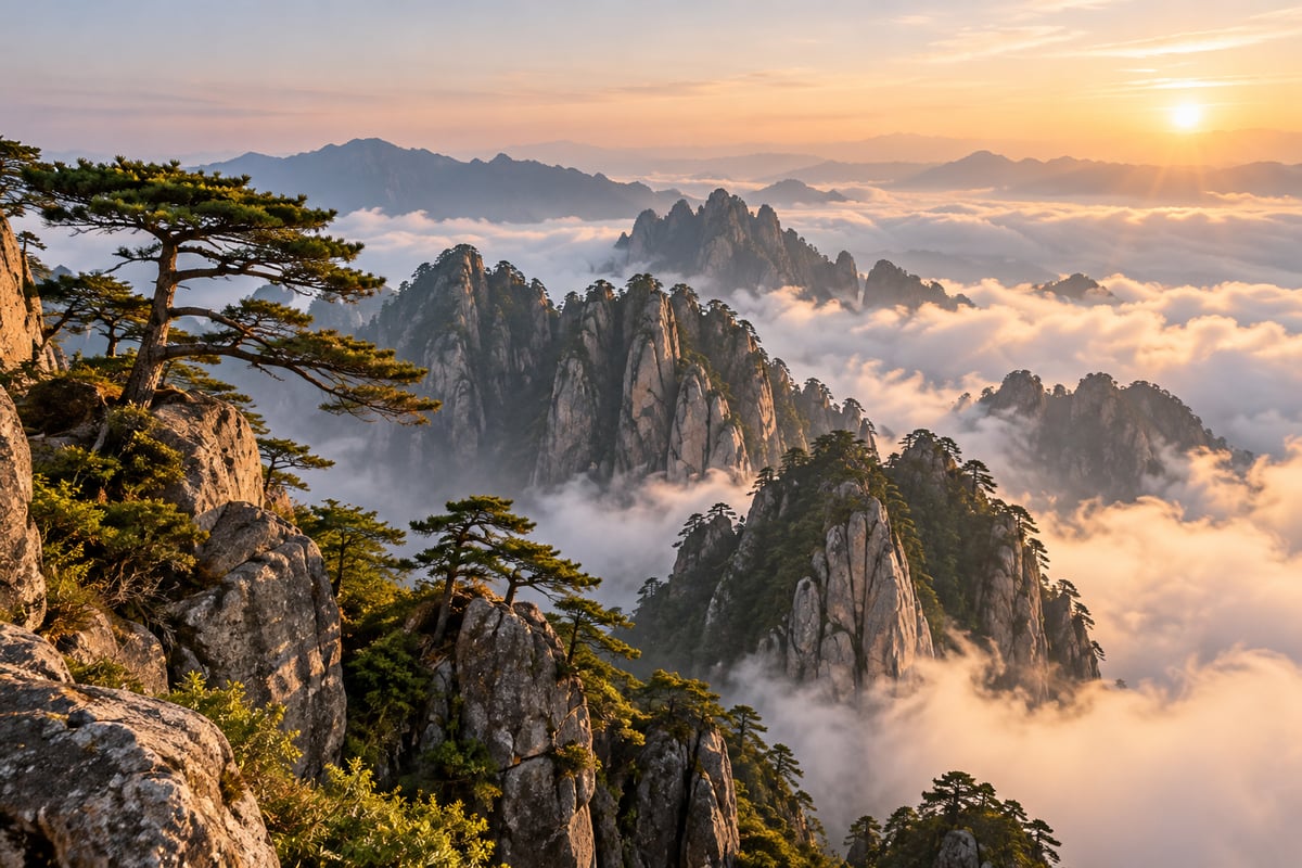 景区预订资讯回顾：云海中的山峰与松树（主题配图）